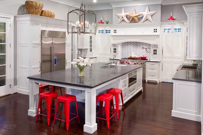 Design trends showing pops of color with these crystal cabinets white painted kitchen with large island