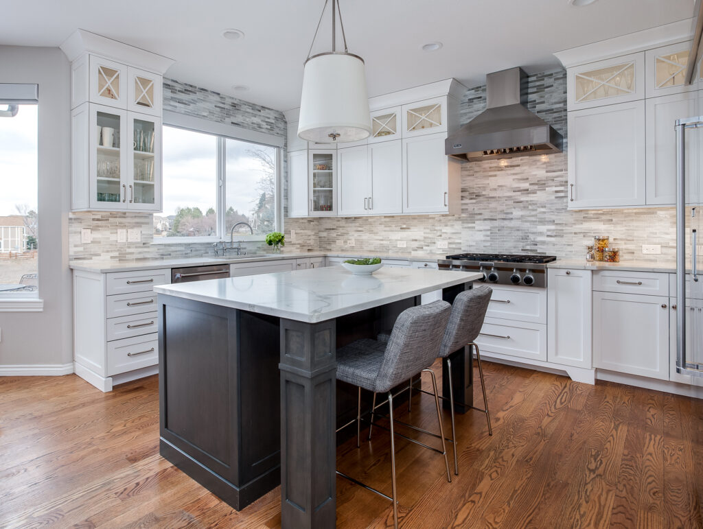 white painted cabinet kitchen stained island